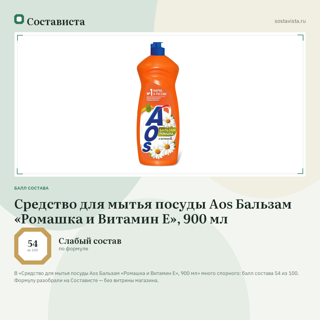 Средство для мытья посуды Aos Бальзам «Ромашка и Витамин Е», 900 мл: балл состава 54 из 100 — Состависта