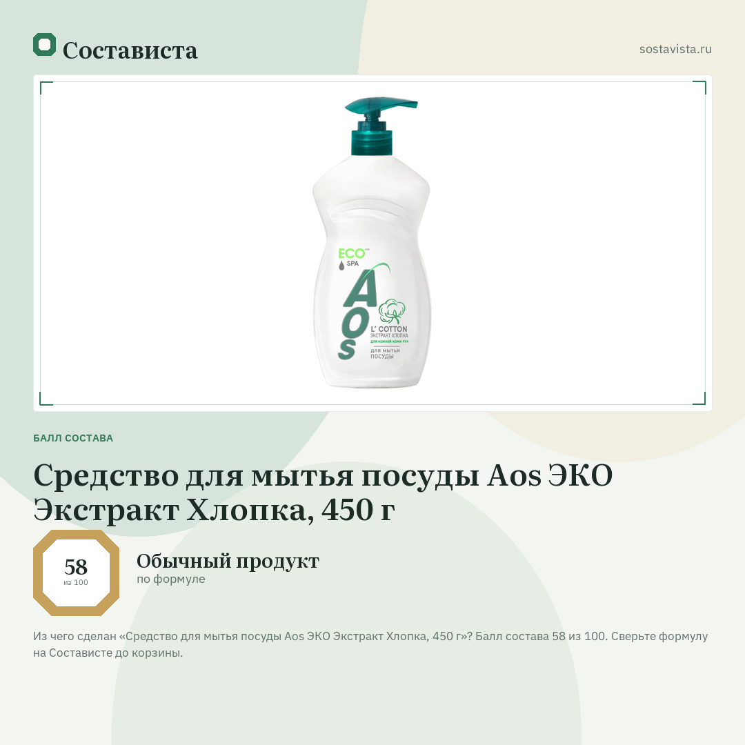 Средство для мытья посуды Aos ЭКО Экстракт Хлопка, 450 г: балл состава 58 из 100 — Состависта
