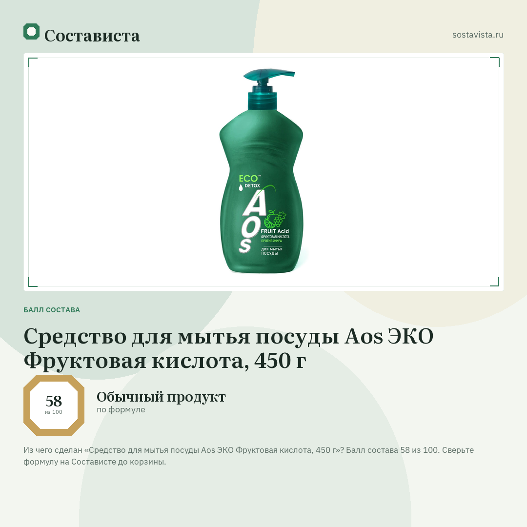 Средство для мытья посуды Aos ЭКО Фруктовая кислота, 450 г: балл состава 58 из 100 — Состависта