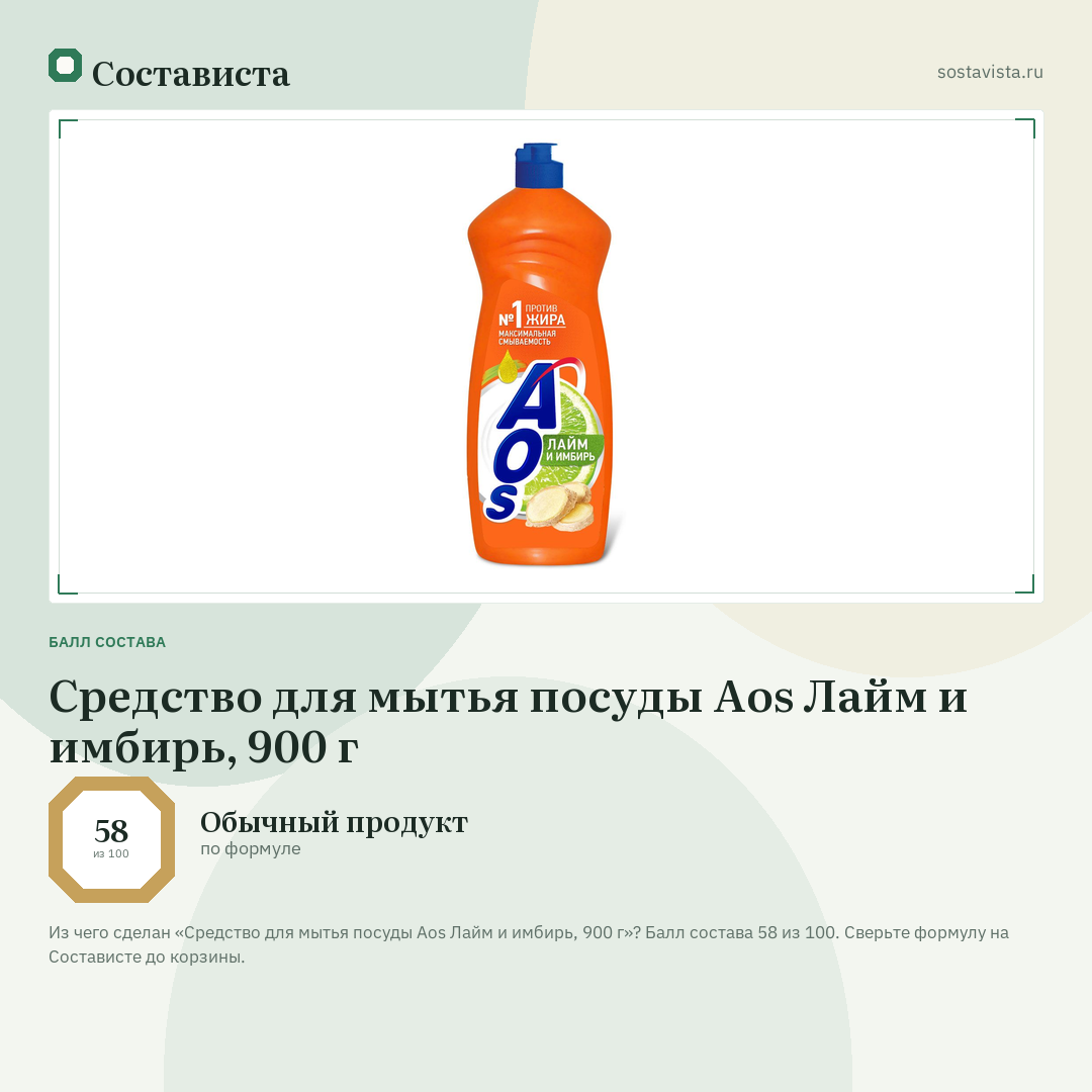 Средство для мытья посуды Aos Лайм и имбирь, 900 г: балл состава 58 из 100 — Состависта
