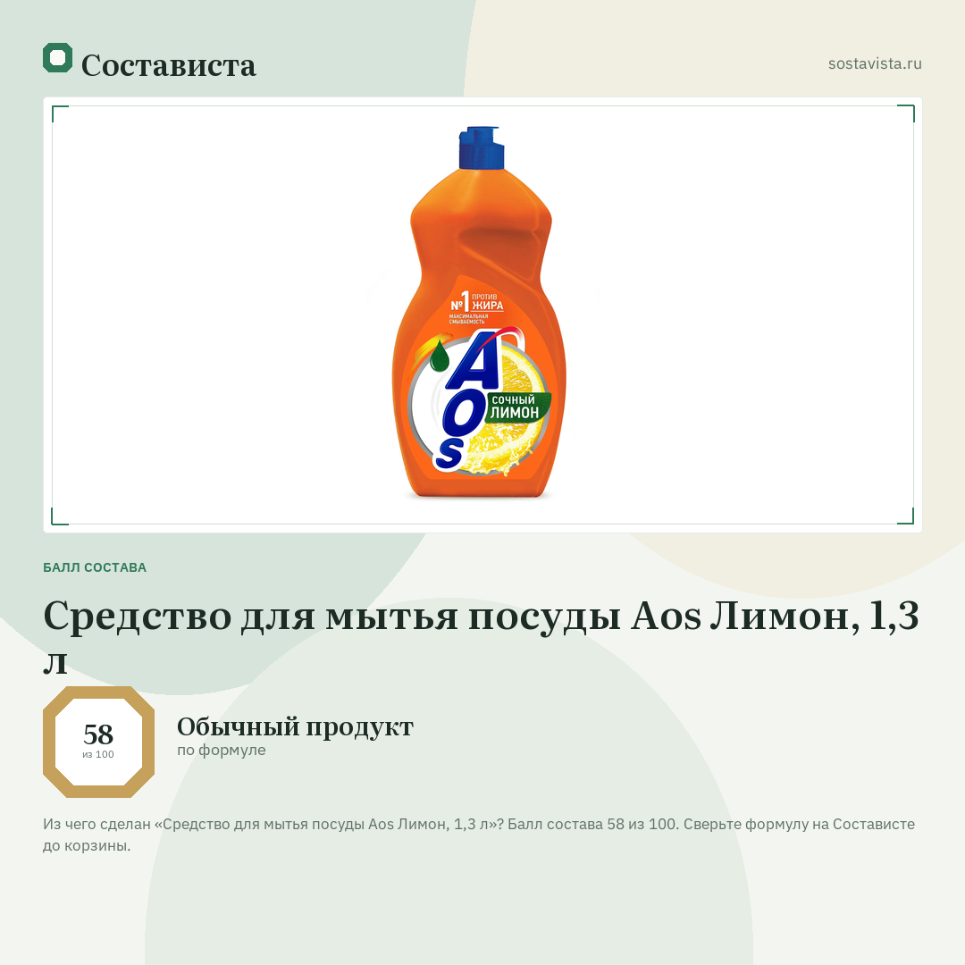 Средство для мытья посуды Aos Лимон, 1,3 л: балл состава 58 из 100 — Состависта