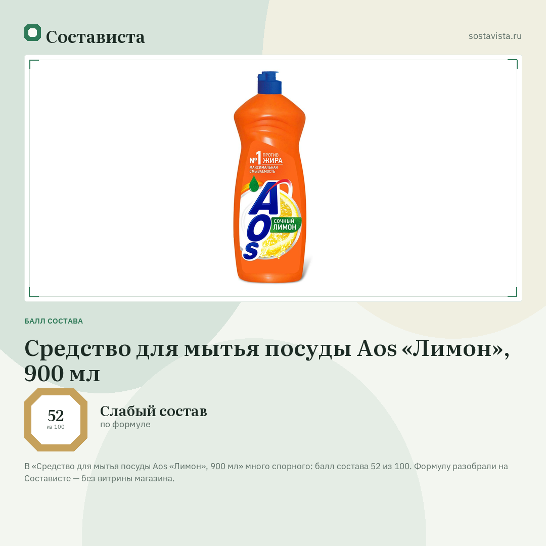 Средство для мытья посуды Aos «Лимон», 900 мл: балл состава 52 из 100 — Состависта