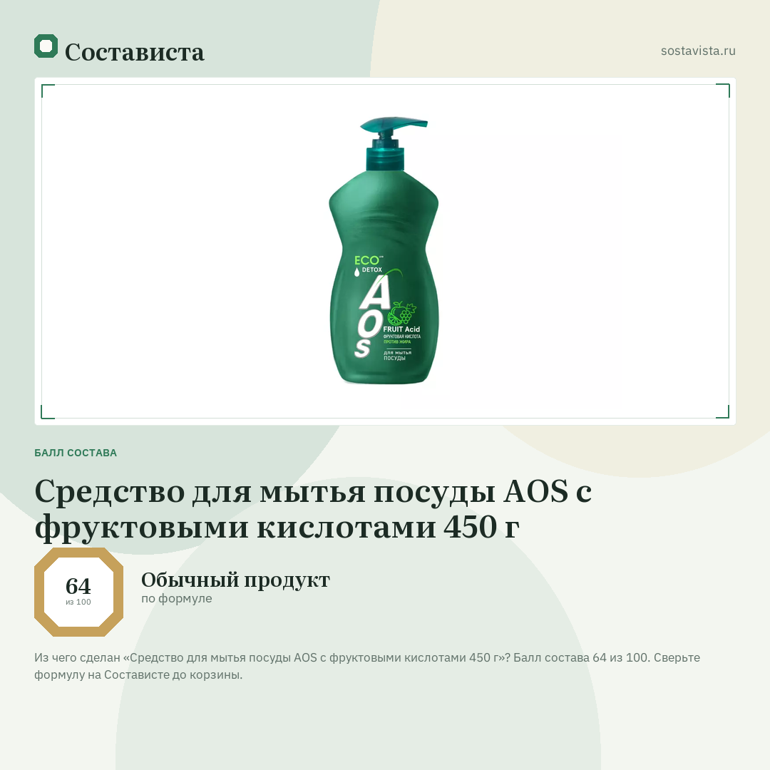 Средство для мытья посуды AOS с фруктовыми кислотами 450 г: балл состава 64 из 100 — Состависта