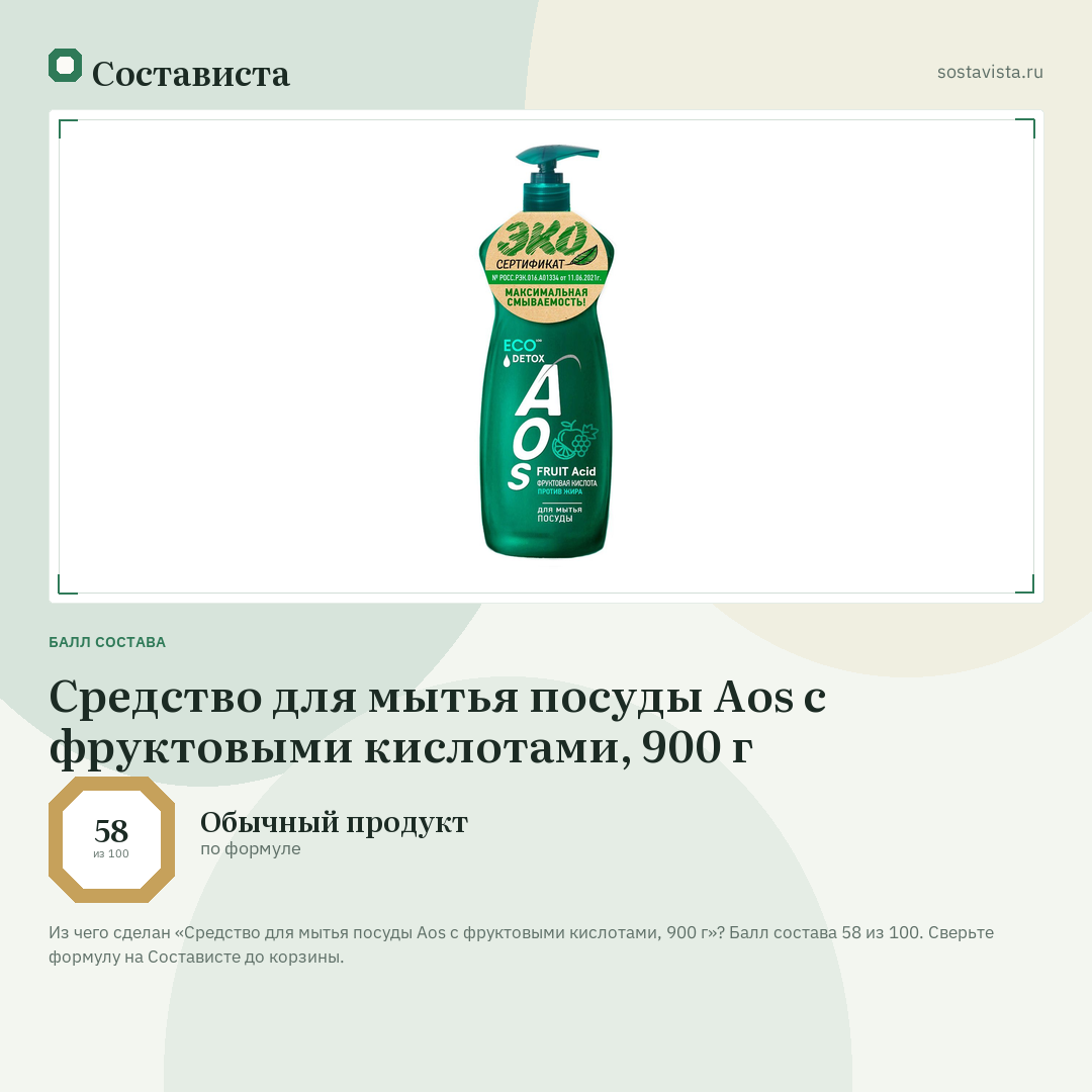 Средство для мытья посуды Aos с фруктовыми кислотами, 900 г: балл состава 58 из 100 — Состависта