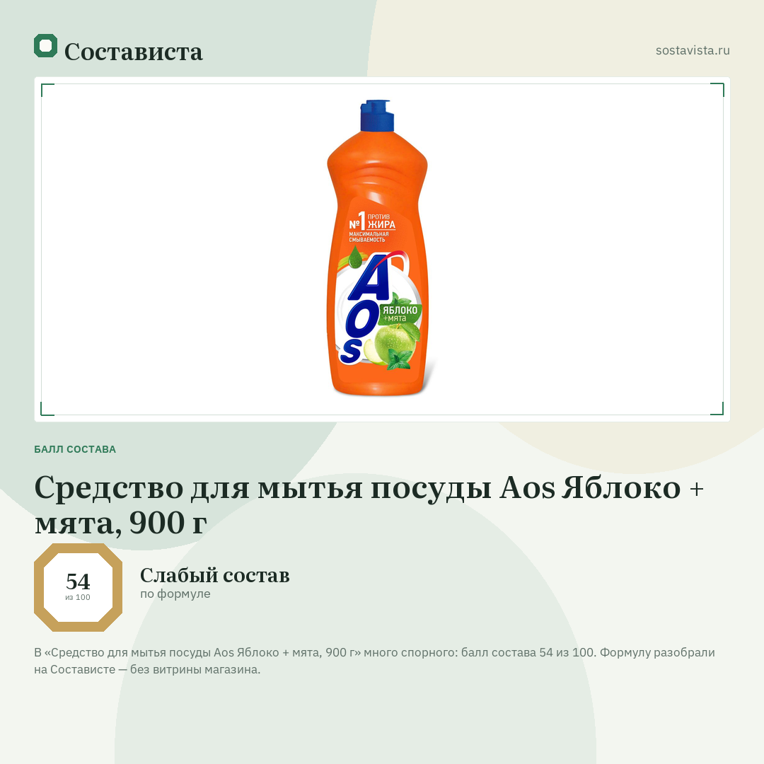 Средство для мытья посуды Aos Яблоко + мята, 900 г: балл состава 54 из 100 — Состависта