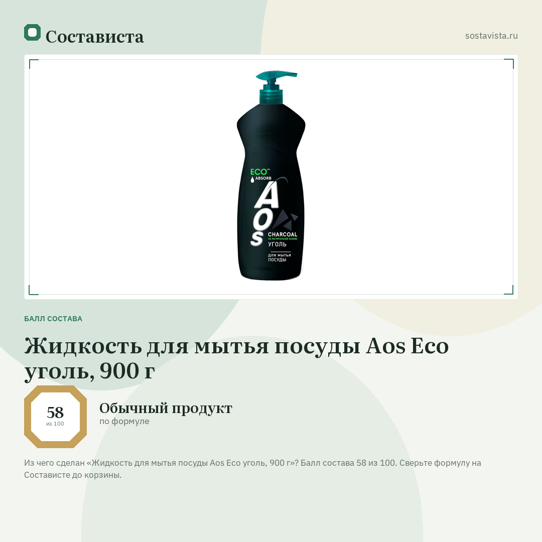 Жидкость для мытья посуды Aos Eco уголь, 900 г: балл состава 58 из 100 — Состависта