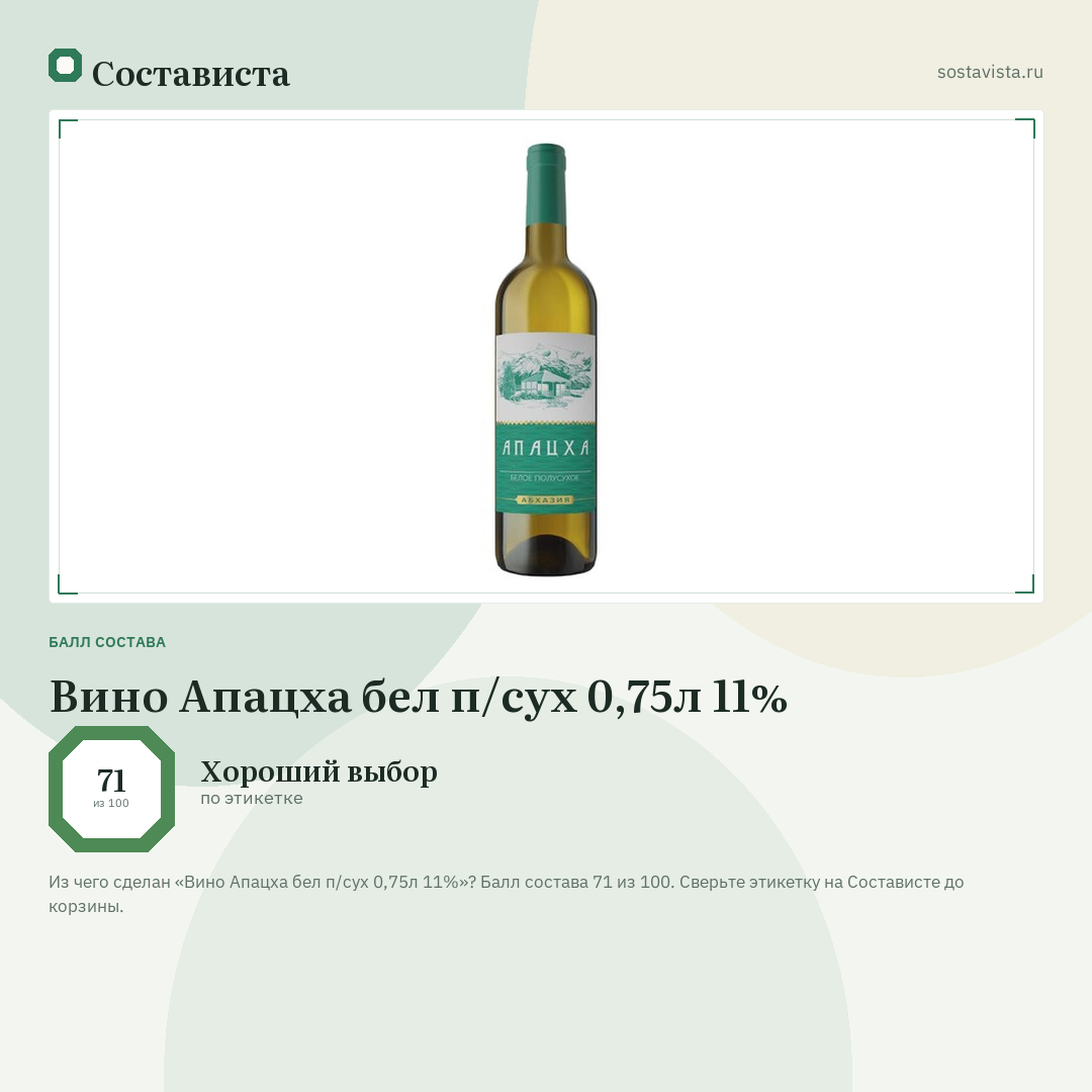 Вино Апацха бел п/сух 0,75л 11%: балл состава 71 из 100 — Состависта