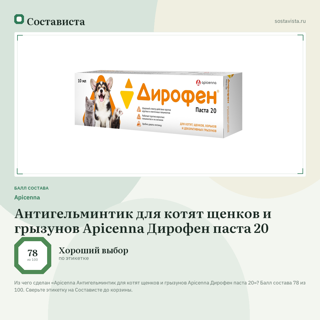 Apicenna Антигельминтик для котят щенков и грызунов Аpicenna Дирофен паста 20: балл состава 78 из 100 — Состависта