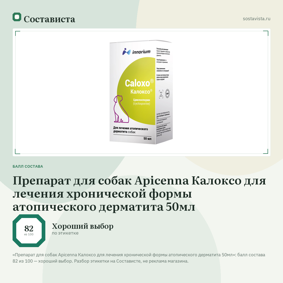 Препарат для собак Apicenna Калоксо для лечения хронической формы атопического дерматита 50мл: балл состава 82 из 100 — Состависта