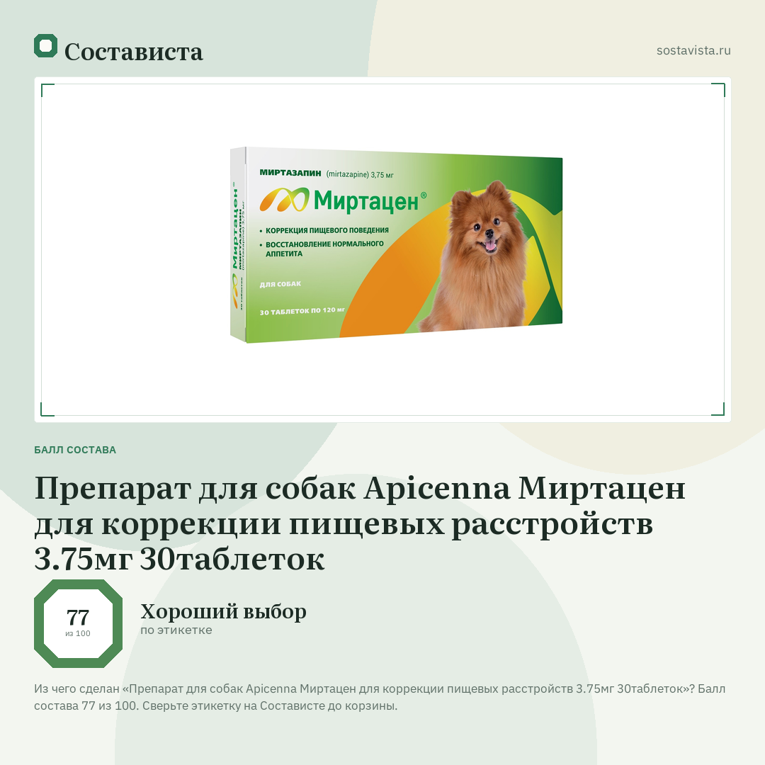 Препарат для собак Apicenna Миртацен для коррекции пищевых расстройств 3.75мг 30таблеток: балл состава 77 из 100 — Состависта
