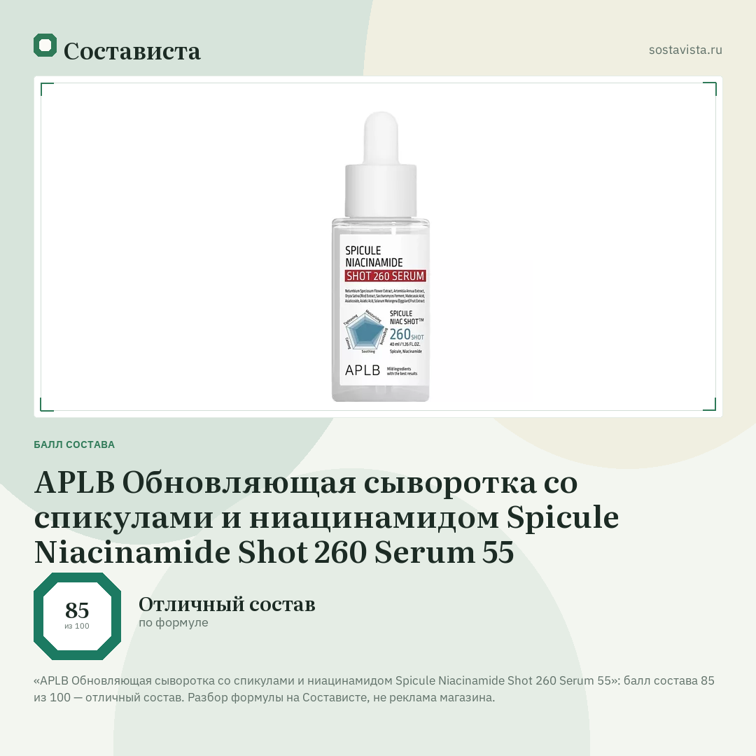 APLB Обновляющая сыворотка со спикулами и ниацинамидом Spicule Niacinamide Shot 260 Serum 55: балл состава 85 из 100 — Состависта