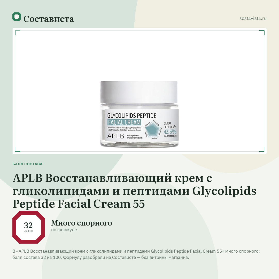 APLB Восстанавливающий крем с гликолипидами и пептидами Glycolipids Peptide Facial Cream 55: балл состава 32 из 100 — Состависта
