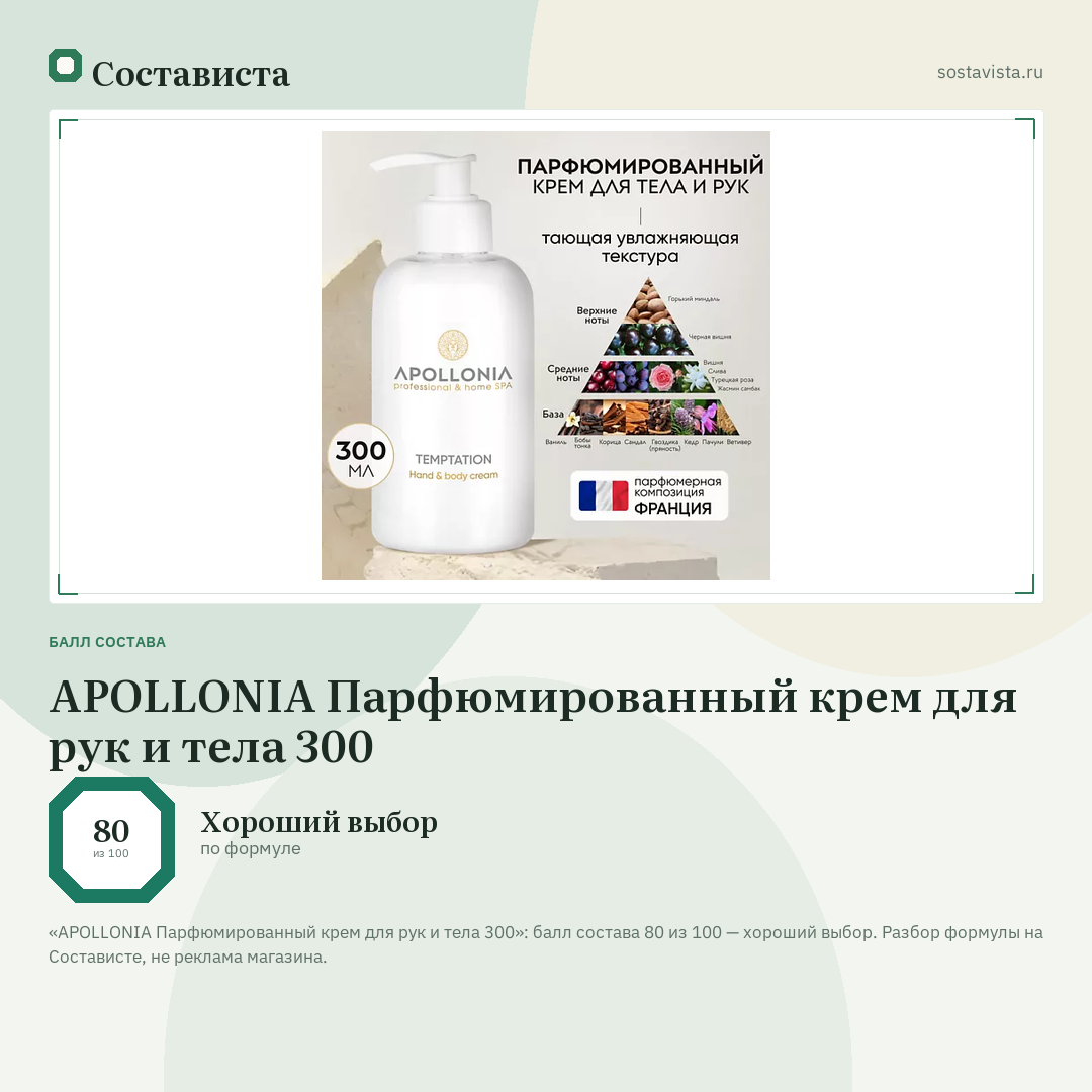 APOLLONIA Парфюмированный крем для рук и тела 300: балл состава 80 из 100 — Состависта