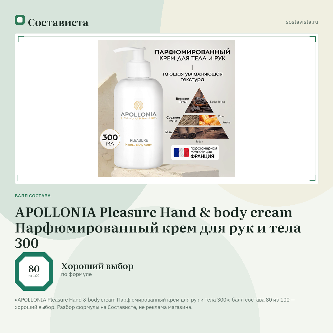 APOLLONIA Pleasure Hand & body cream Парфюмированный крем для рук и тела 300: балл состава 80 из 100 — Состависта