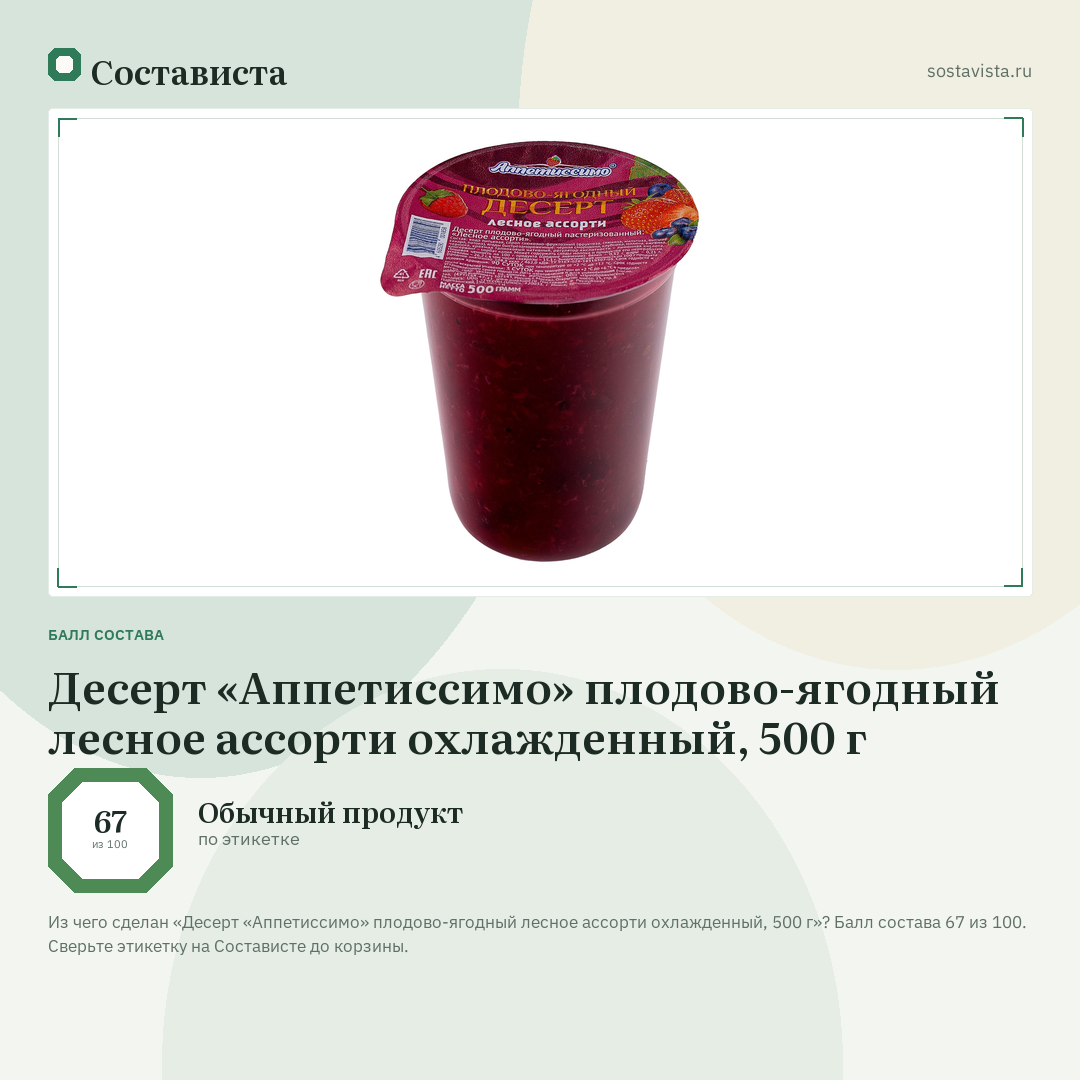 Десерт «Аппетиссимо» плодово-ягодный лесное ассорти охлажденный, 500 г: балл состава 67 из 100 — Состависта