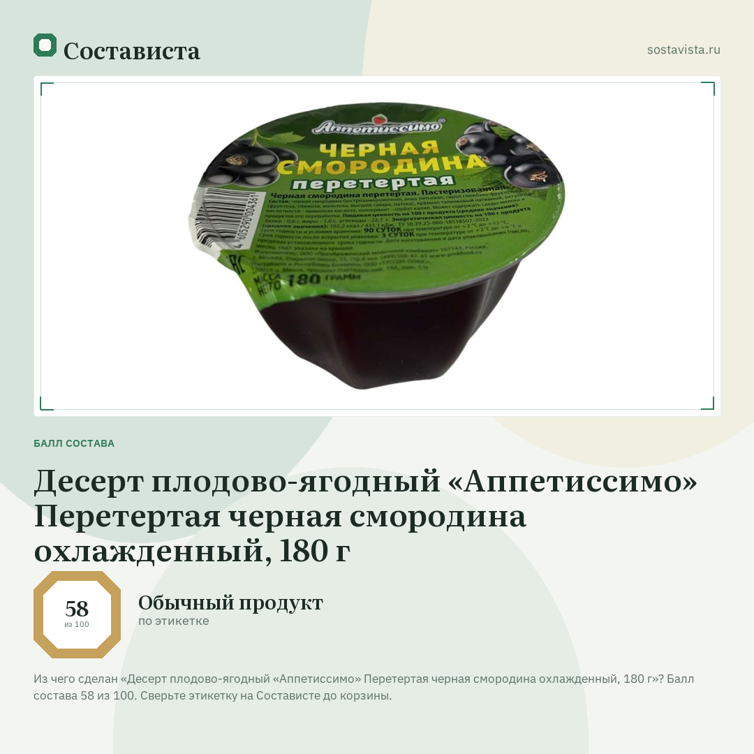 Десерт плодово-ягодный «Аппетиссимо» Перетертая черная смородина охлажденный, 180 г: балл состава 58 из 100 — Состависта