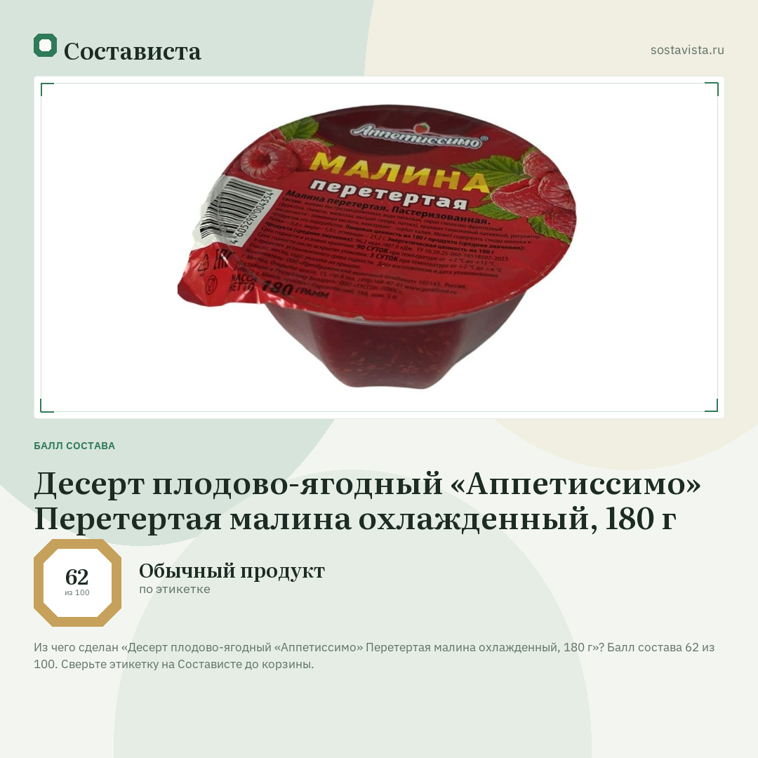 Десерт плодово-ягодный «Аппетиссимо» Перетертая малина охлажденный, 180 г: балл состава 62 из 100 — Состависта