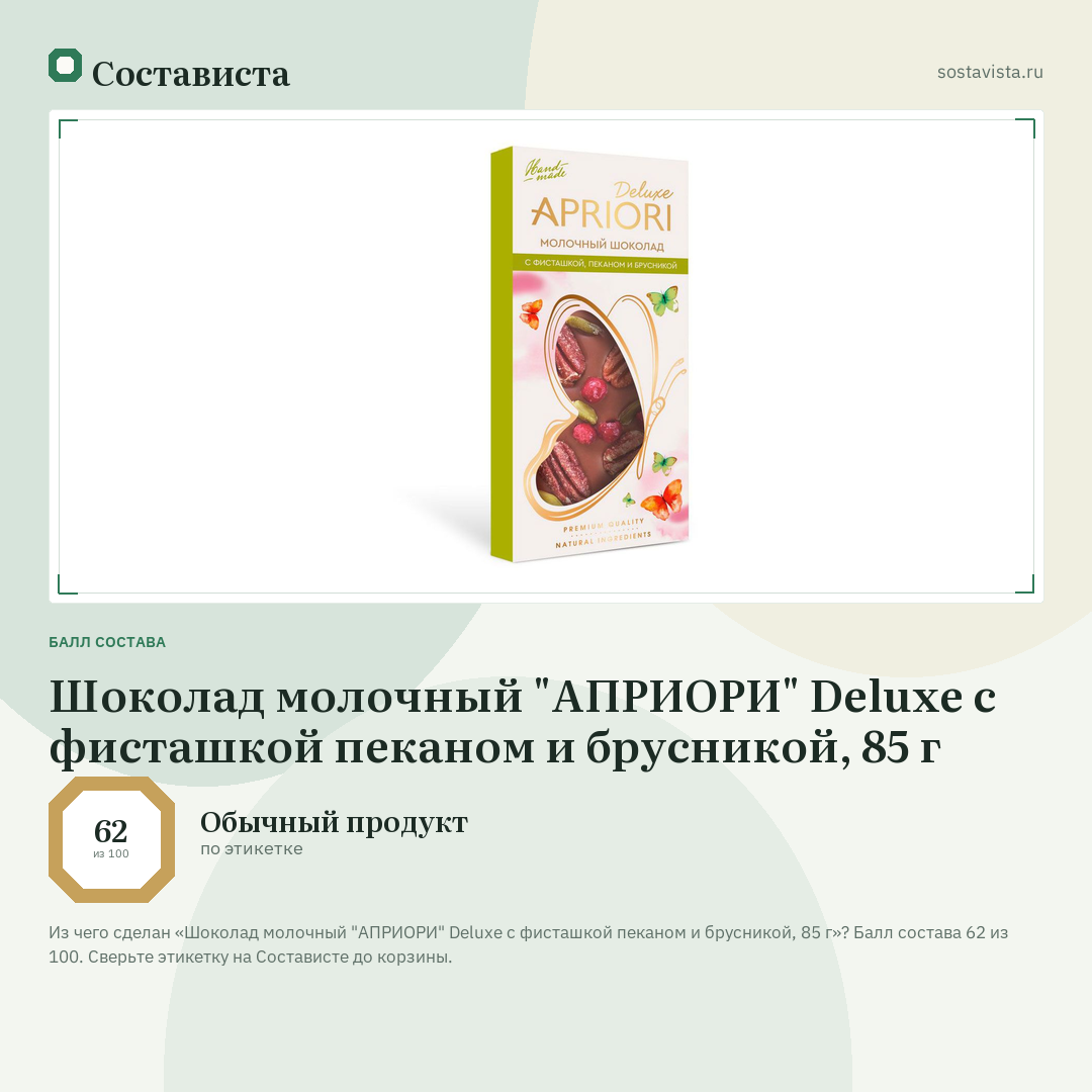 Шоколад молочный "АПРИОРИ" Deluxe с фисташкой пеканом и брусникой, 85 г: балл состава 62 из 100 — Состависта
