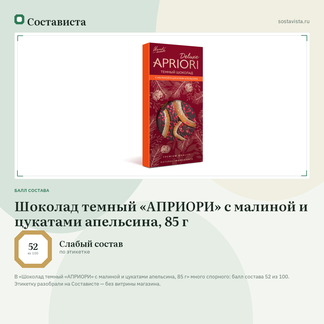 Шоколад темный «АПРИОРИ» с малиной и цукатами апельсина, 85 г: балл состава 52 из 100 — Состависта