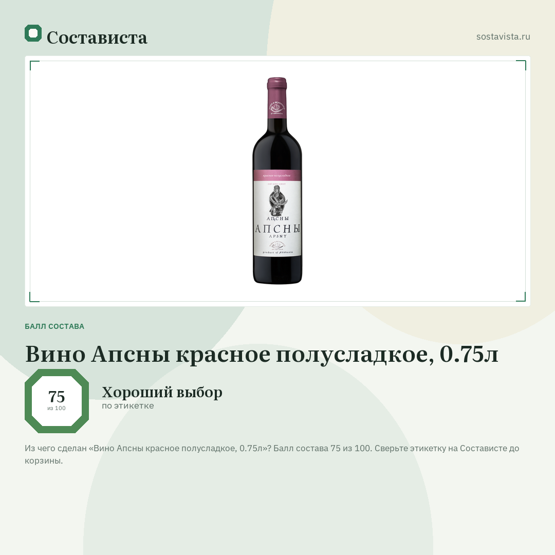 Вино Апсны красное полусладкое, 0.75л: балл состава 75 из 100 — Состависта