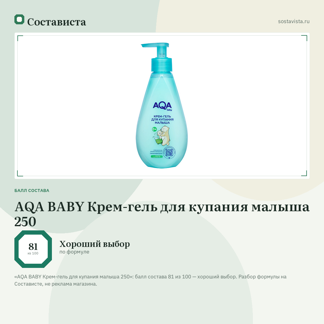 AQA BABY Крем-гель для купания малыша 250: балл состава 81 из 100 — Состависта
