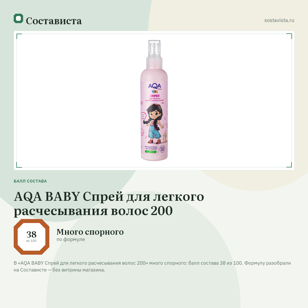 AQA BABY Спрей для легкого расчесывания волос 200: балл состава 38 из 100 — Состависта