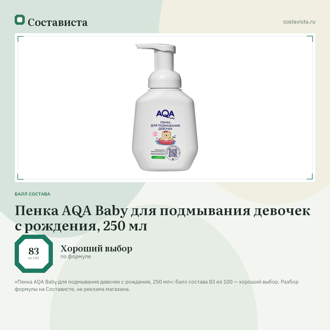 Пенка AQA Baby для подмывания девочек с рождения, 250 мл: балл состава 83 из 100 — Состависта