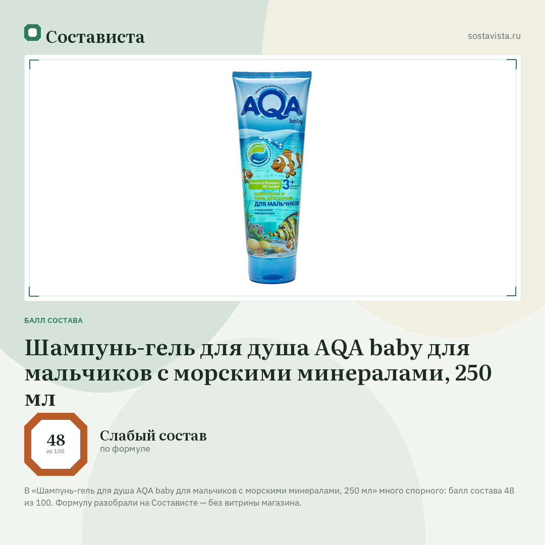 Шампунь-гель для душа AQA baby для мальчиков с морскими минералами, 250 мл: балл состава 48 из 100 — Состависта
