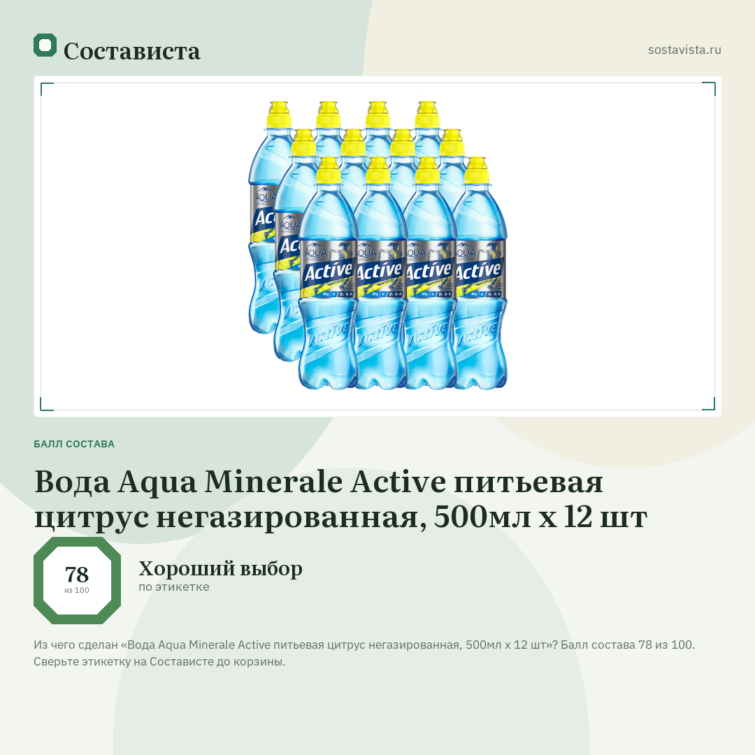 Вода Aqua Minerale Active питьевая цитрус негазированная, 500мл x 12 шт: балл состава 78 из 100 — Состависта