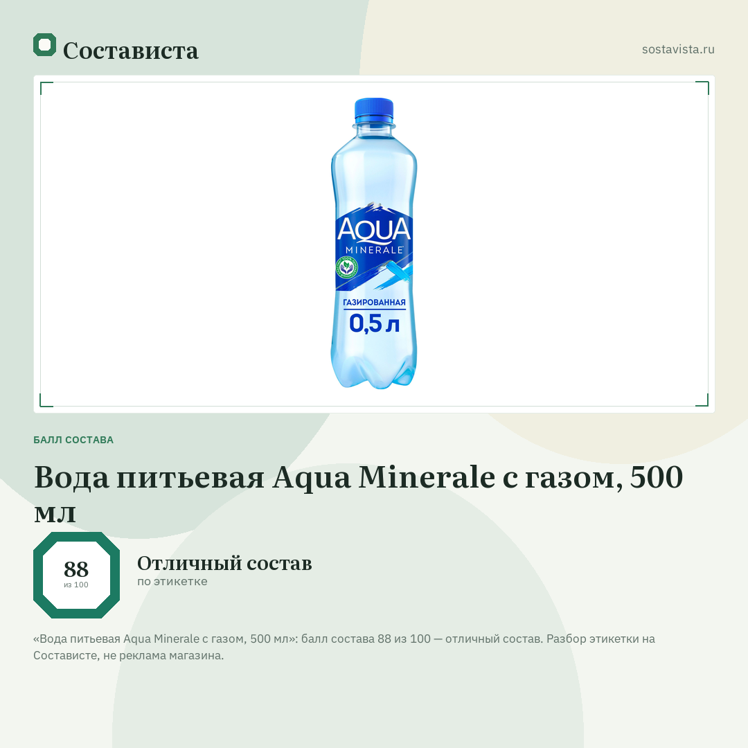 Вода питьевая Aqua Minerale с газом, 500 мл: балл состава 88 из 100 — Состависта