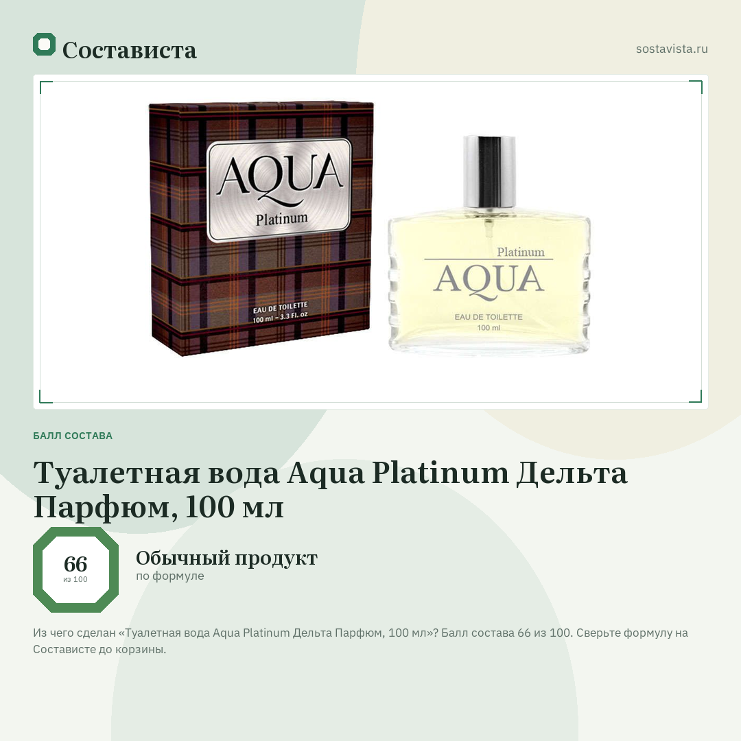 Туалетная вода Aqua Platinum Дельта Парфюм, 100 мл: балл состава 66 из 100 — Состависта