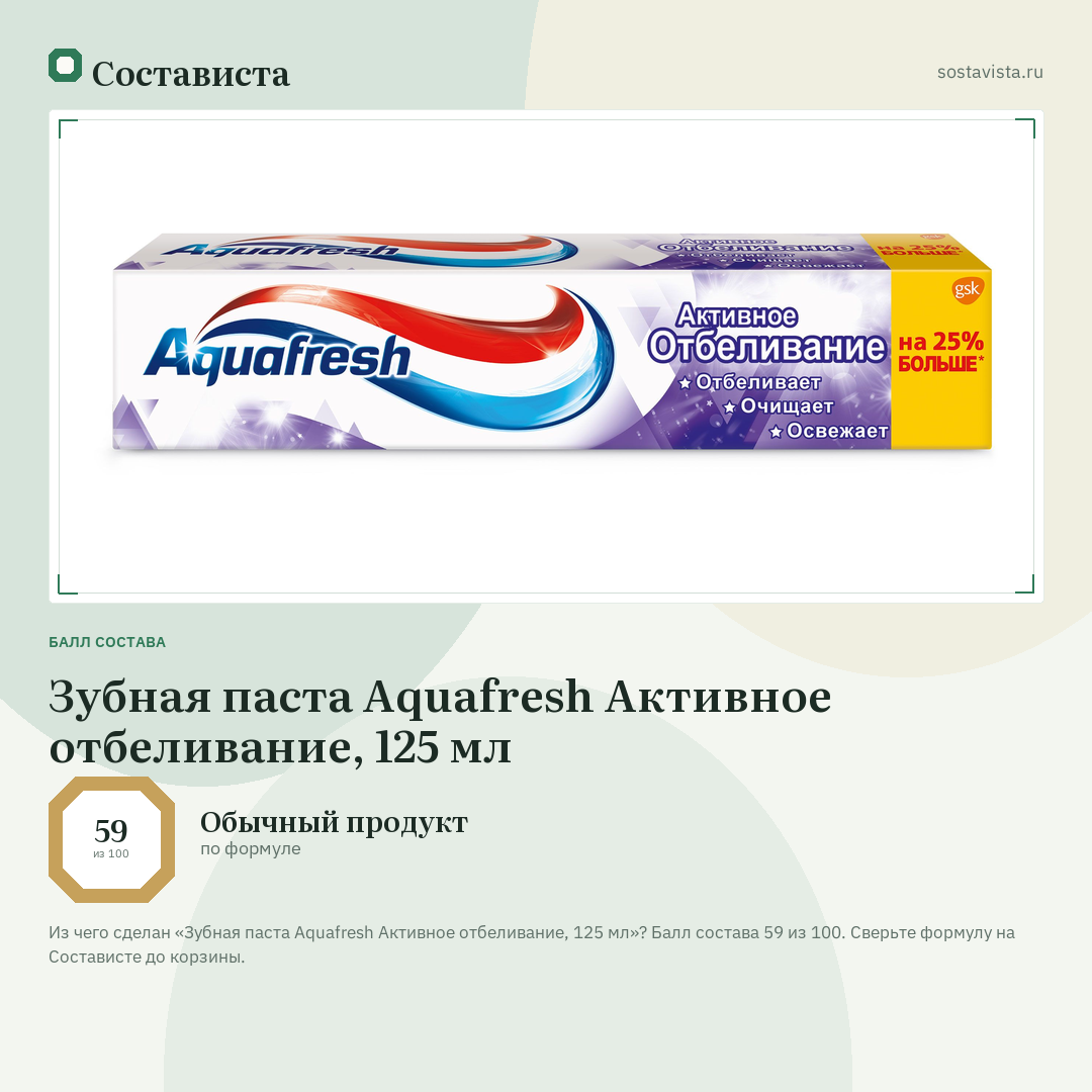 Зубная паста Aquafresh Активное отбеливание, 125 мл: балл состава 59 из 100 — Состависта