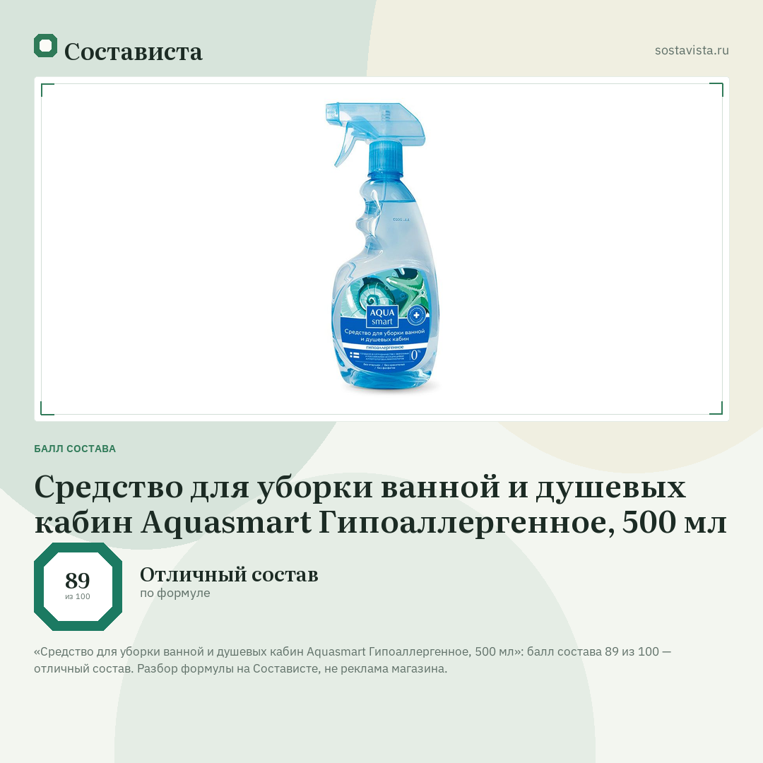 Средство для уборки ванной и душевых кабин Aquasmart Гипоаллергенное, 500 мл: балл состава 89 из 100 — Состависта