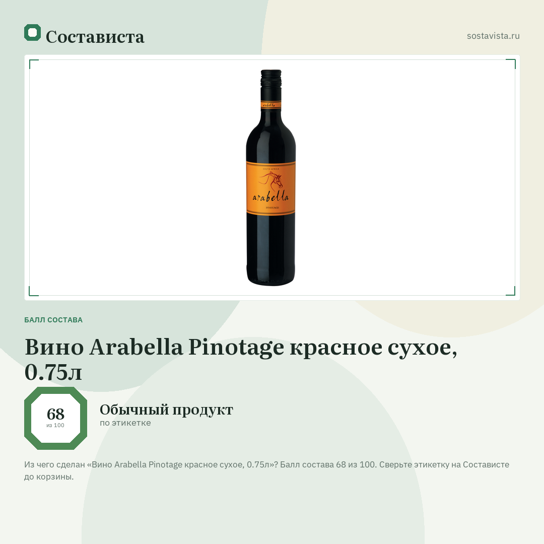 Вино Arabella Pinotage красное сухое, 0.75л: балл состава 68 из 100 — Состависта