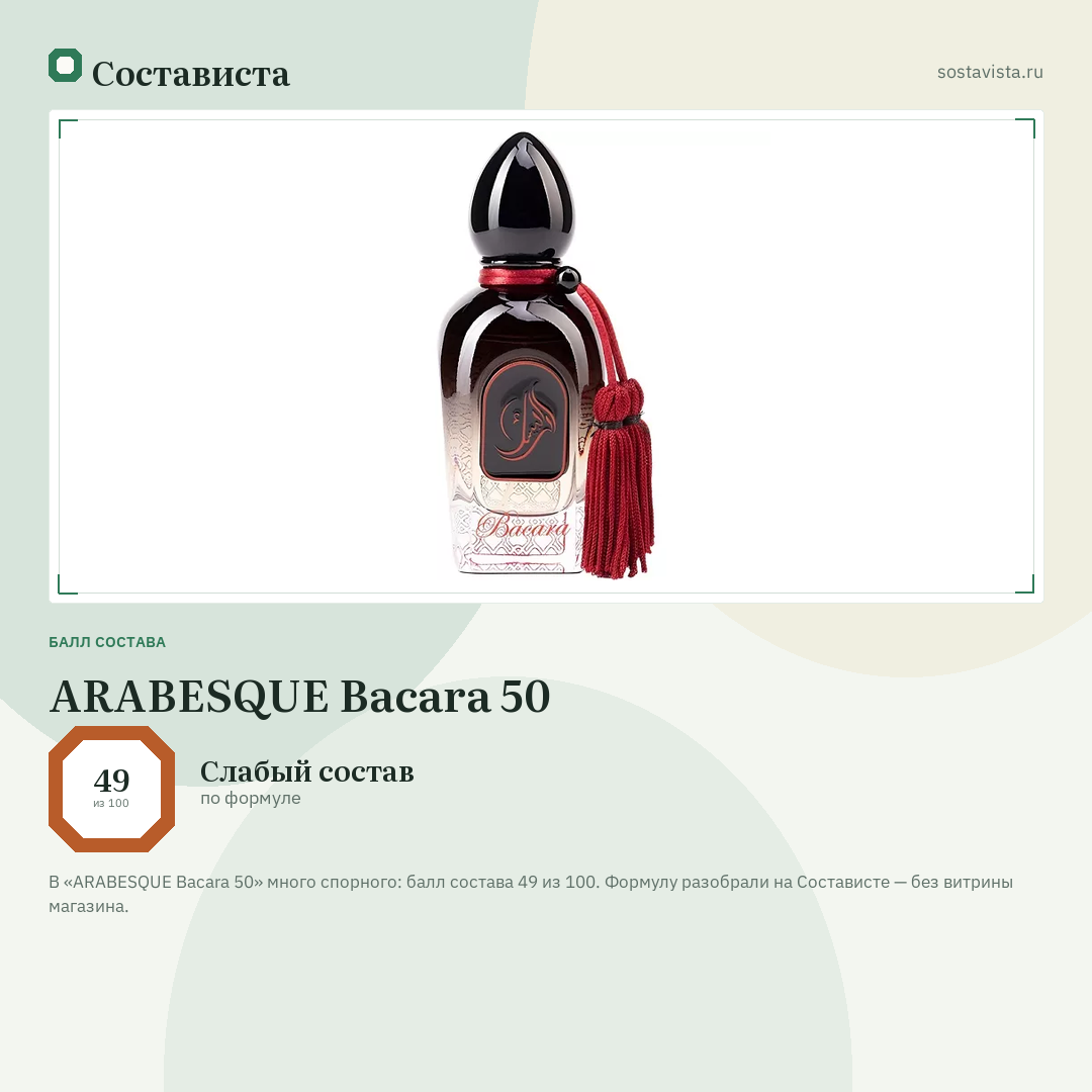 ARABESQUE Bacara 50: балл состава 49 из 100 — Состависта