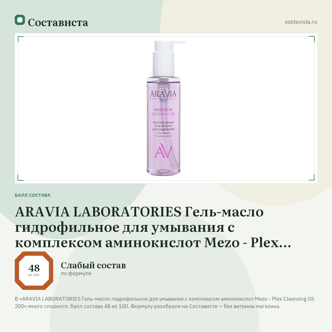 ARAVIA LABORATORIES Гель-масло гидрофильное для умывания с комплексом аминокислот Mezo - Plex Cleansing Oil 200: балл состава 48 из 100 — Состависта