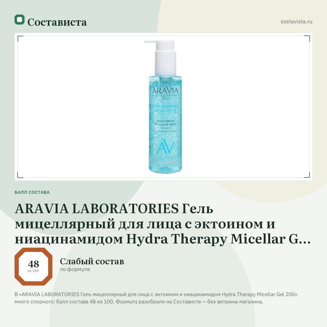 ARAVIA LABORATORIES Гель мицеллярный для лица с эктоином и ниацинамидом Hydra Therapy Micellar Gel 200: балл состава 48 из 100 — Состависта