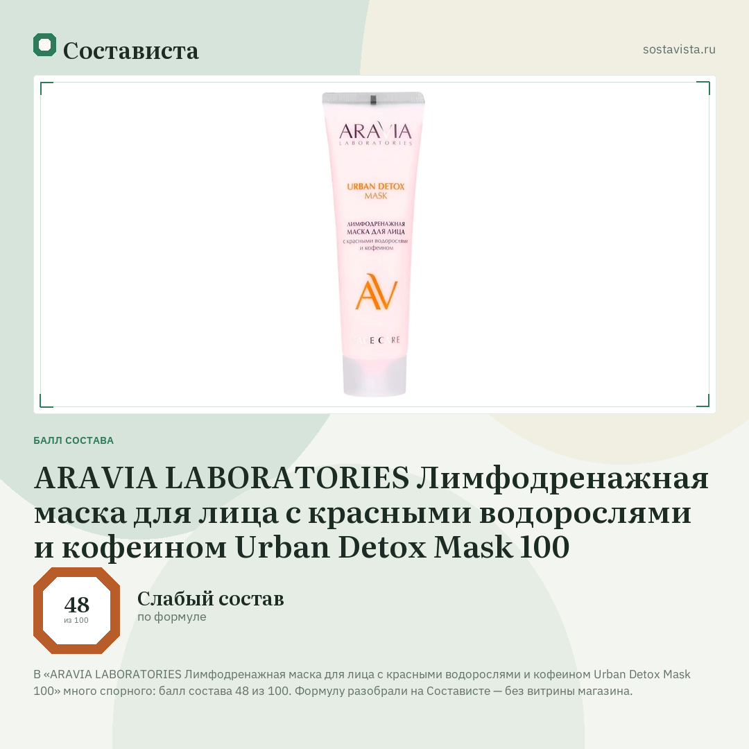 ARAVIA LABORATORIES Лимфодренажная маска для лица с красными водорослями и кофеином Urban Detox Mask 100: балл состава 48 из 100 — Состависта