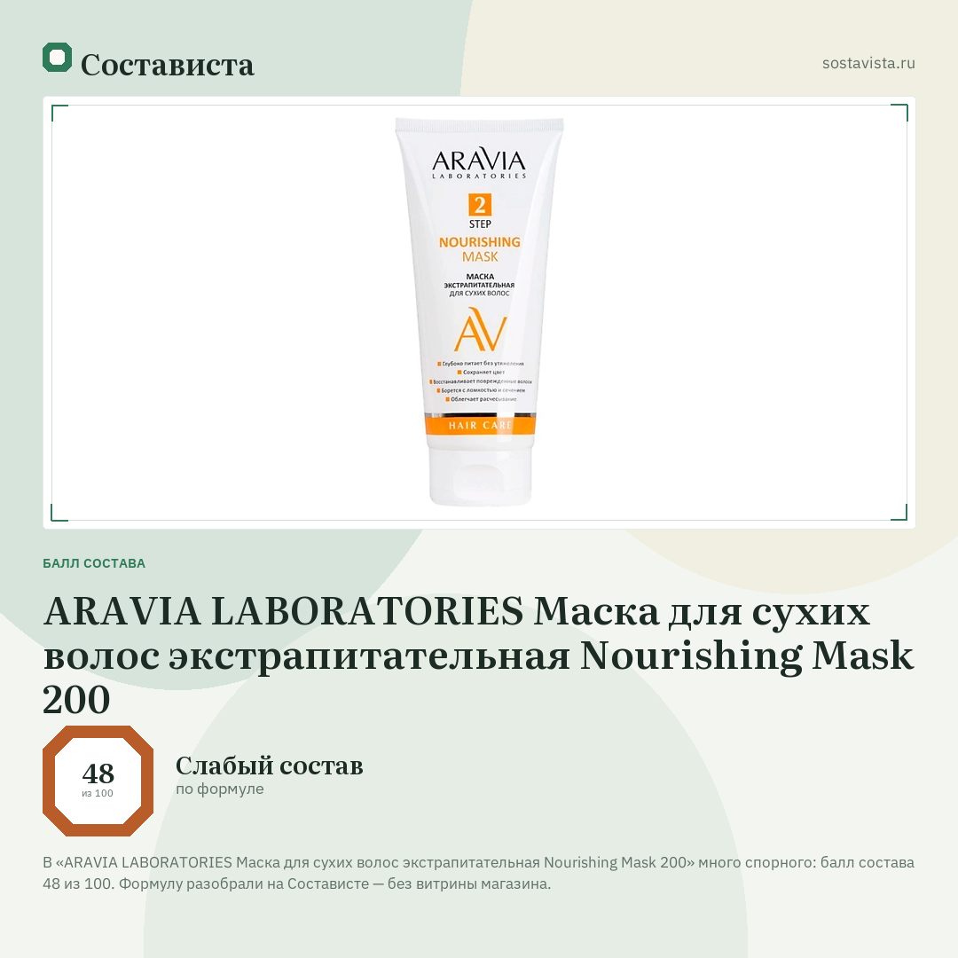 ARAVIA LABORATORIES Маска для сухих волос экстрапитательная Nourishing Mask 200: балл состава 48 из 100 — Состависта