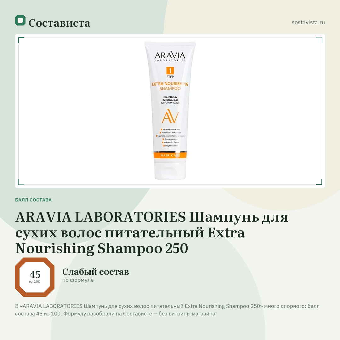 ARAVIA LABORATORIES Шампунь для сухих волос питательный Extra Nourishing Shampoo 250: балл состава 45 из 100 — Состависта