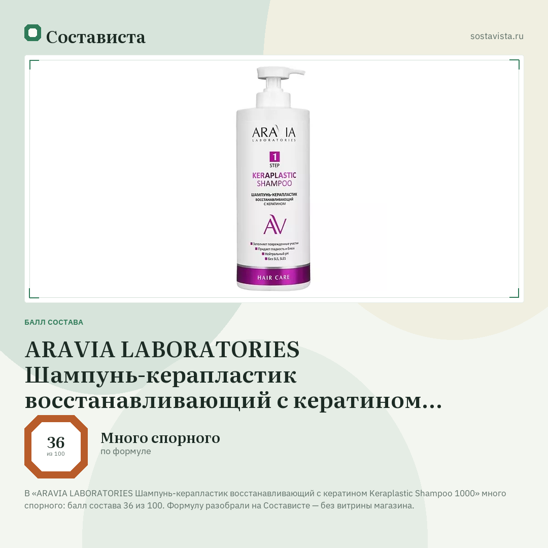 ARAVIA LABORATORIES Шампунь-керапластик восстанавливающий с кератином Keraplastic Shampoo 1000: балл состава 36 из 100 — Состависта