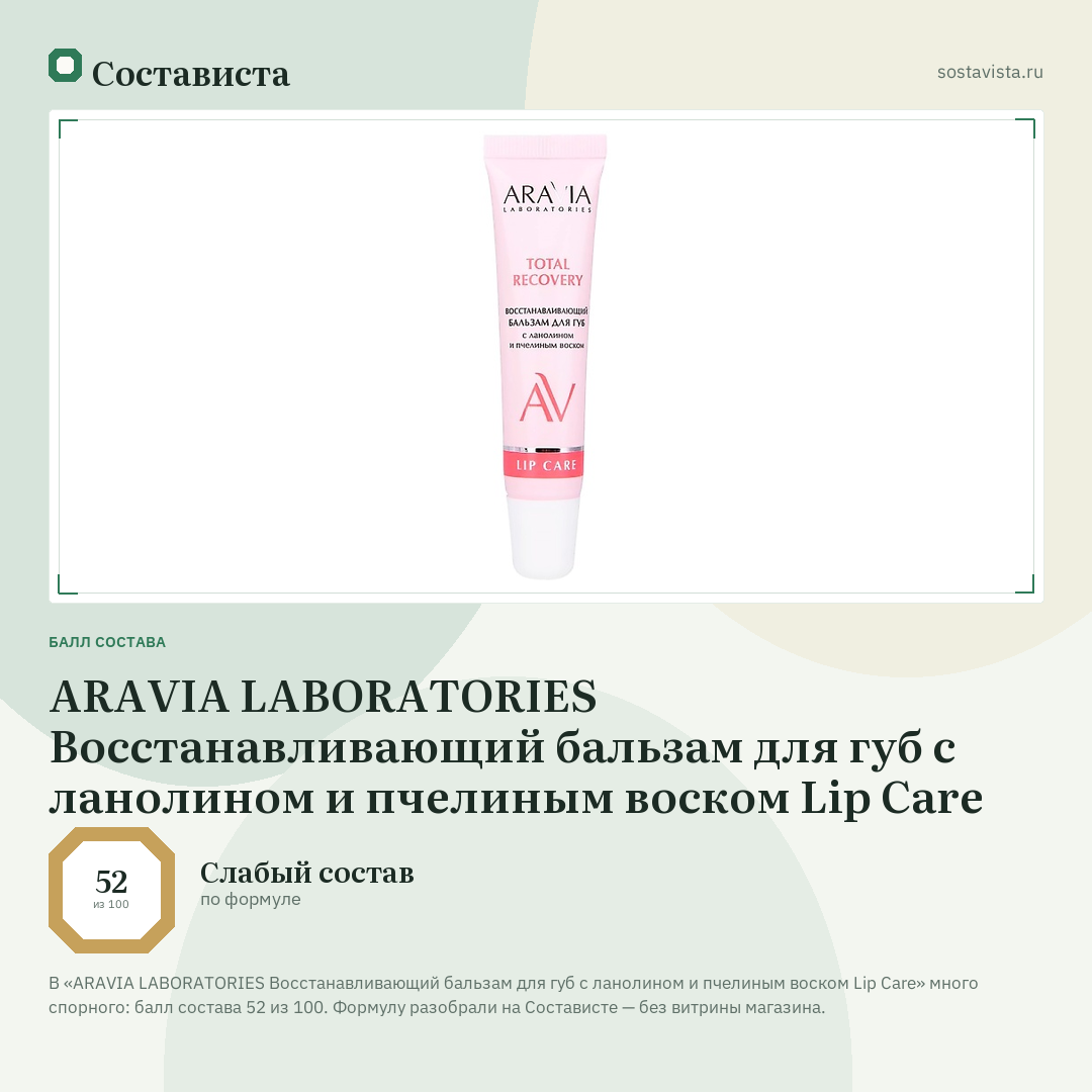 ARAVIA LABORATORIES Восстанавливающий бальзам для губ с ланолином и пчелиным воском Lip Care: балл состава 52 из 100 — Состависта
