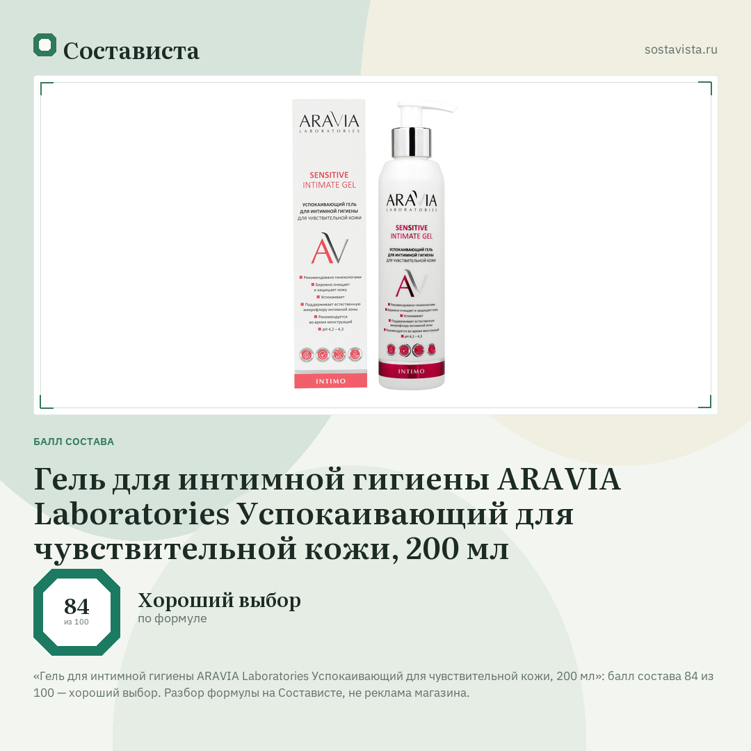 Гель для интимной гигиены ARAVIA Laboratories Успокаивающий для чувствительной кожи, 200 мл: балл состава 84 из 100 — Состависта