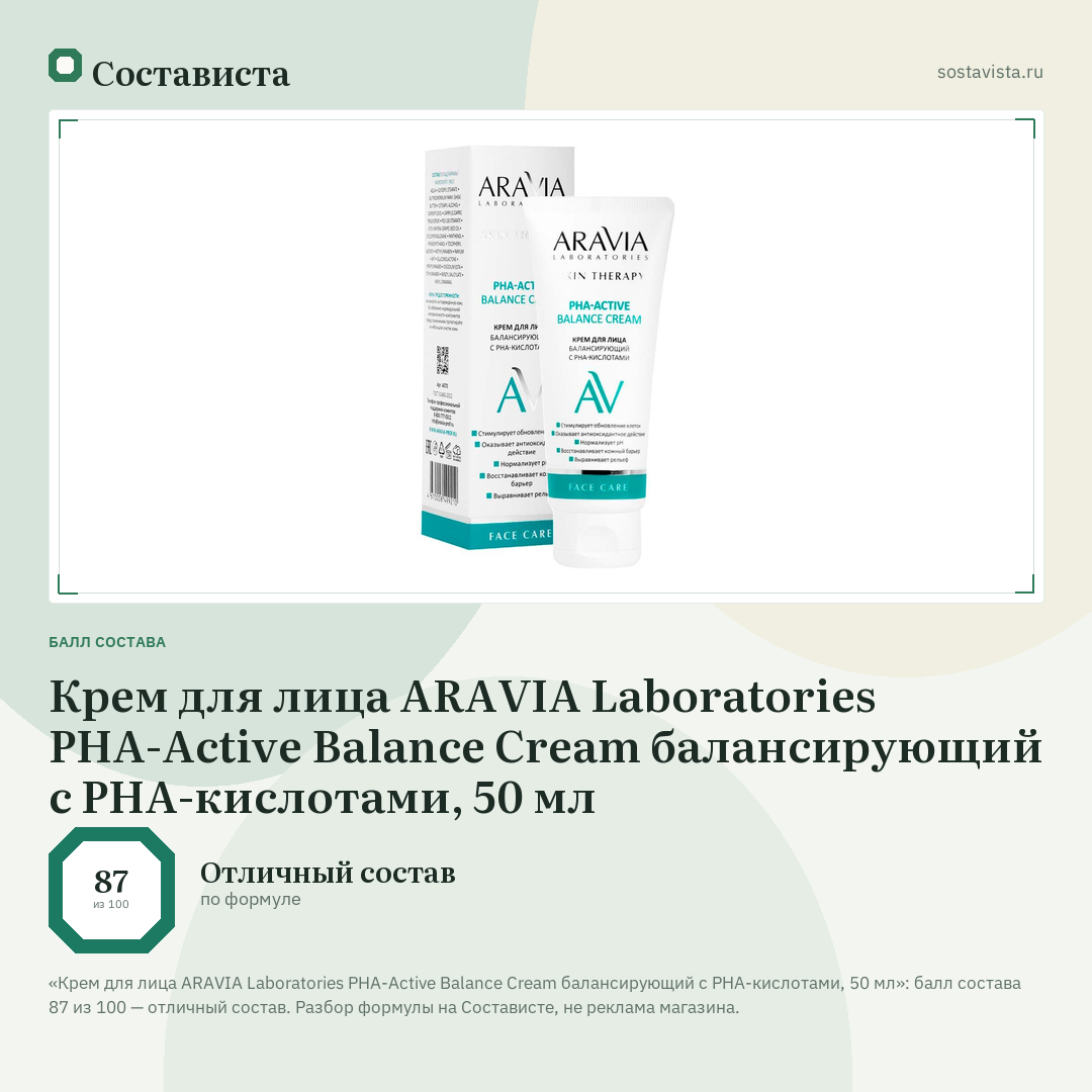 Крем для лица ARAVIA Laboratories PHA-Active Balance Cream балансирующий с РНА-кислотами, 50 мл: балл состава 87 из 100 — Состависта