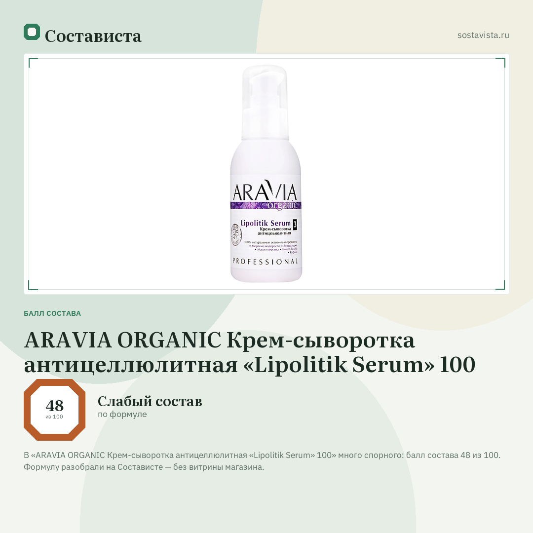 ARAVIA ORGANIC Крем-сыворотка антицеллюлитная «Lipolitik Serum» 100: балл состава 48 из 100 — Состависта