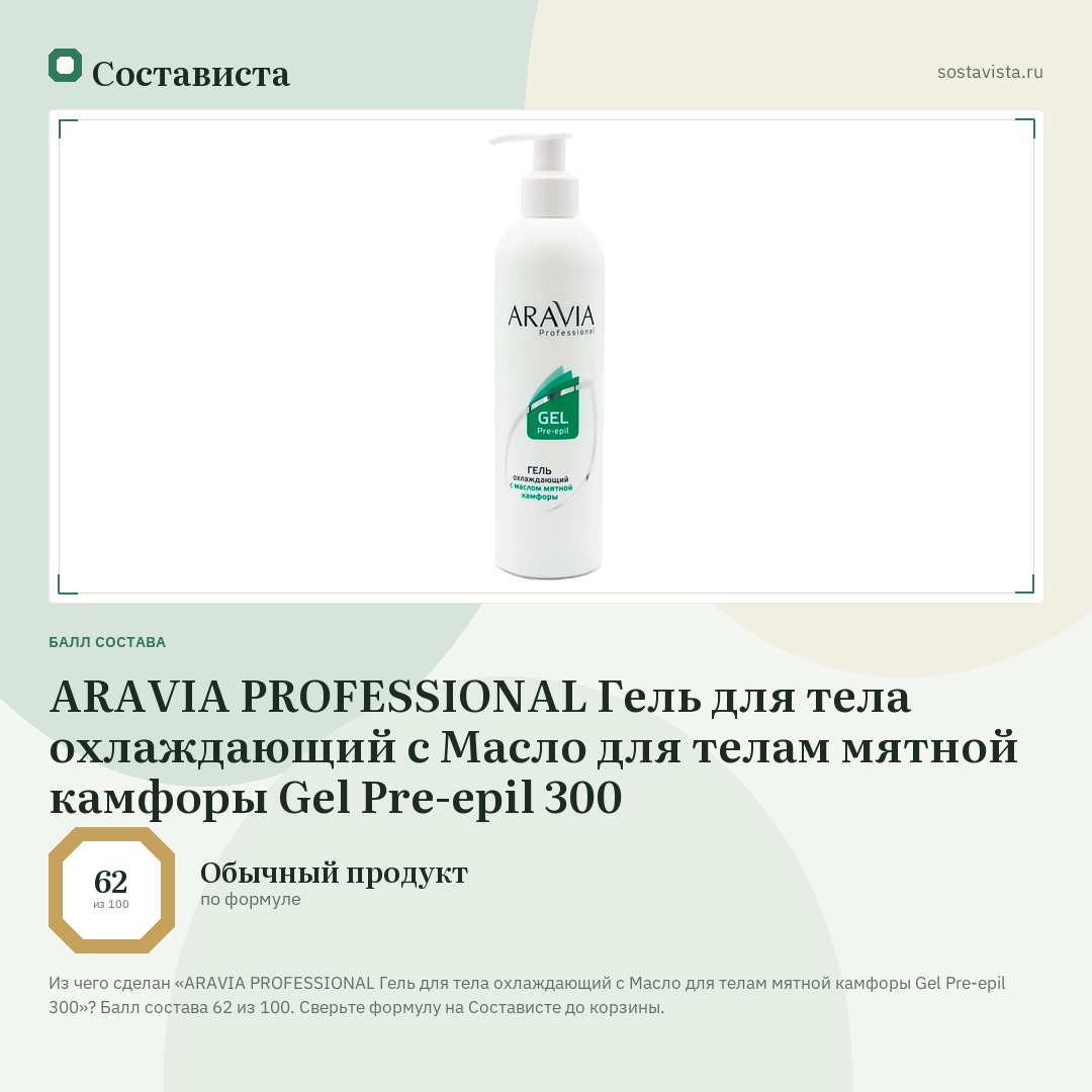 ARAVIA PROFESSIONAL Гель для тела охлаждающий с Масло для телам мятной камфоры Gel Pre-epil 300: балл состава 62 из 100 — Состависта