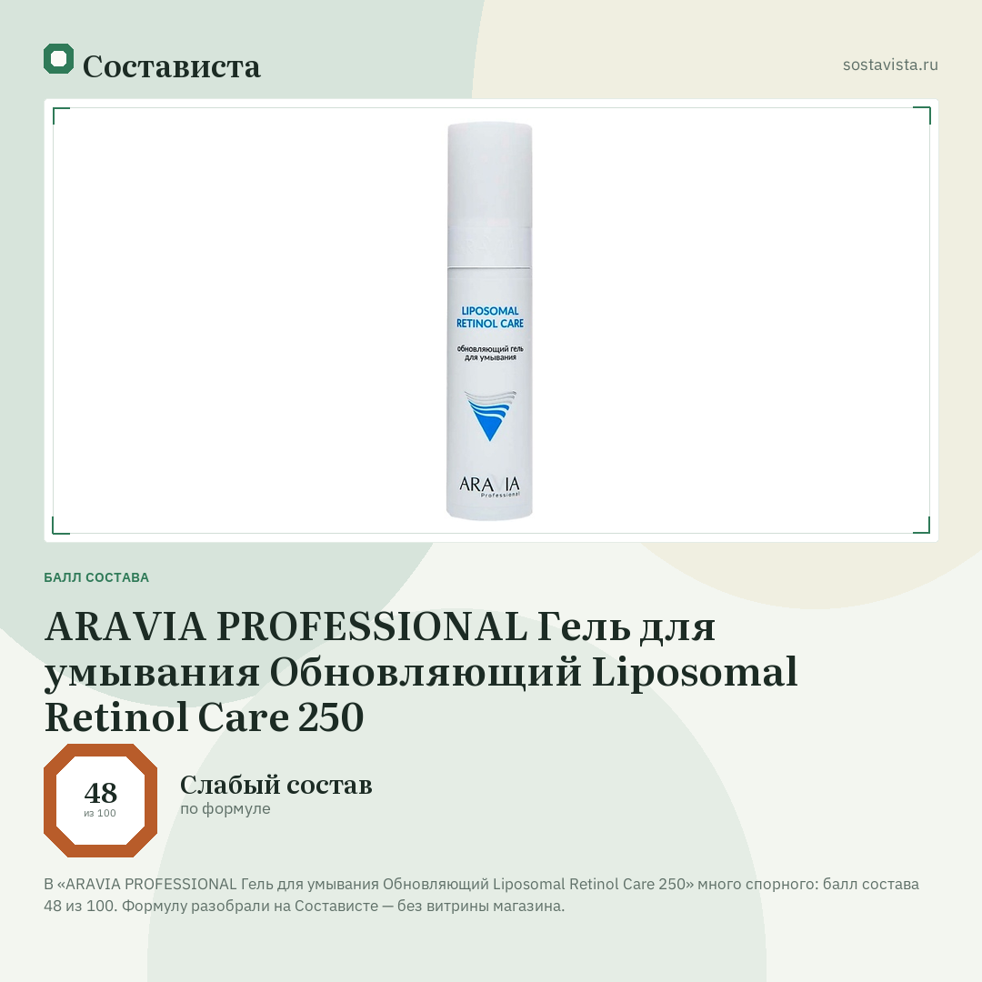 ARAVIA PROFESSIONAL Гель для умывания Обновляющий Liposomal Retinol Care 250: балл состава 48 из 100 — Состависта