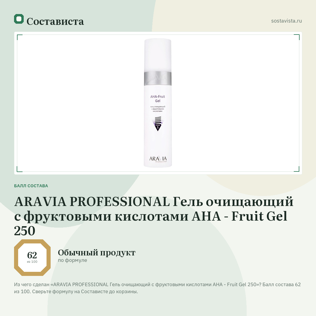 ARAVIA PROFESSIONAL Гель очищающий с фруктовыми кислотами AHA - Fruit Gel 250: балл состава 62 из 100 — Состависта