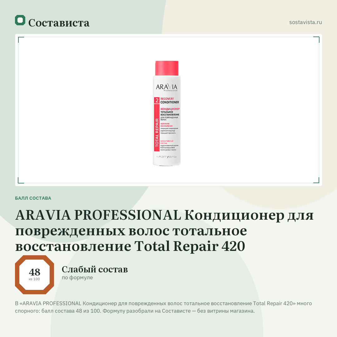 ARAVIA PROFESSIONAL Кондиционер для поврежденных волос тотальное восстановление Total Repair 420: балл состава 48 из 100 — Состависта
