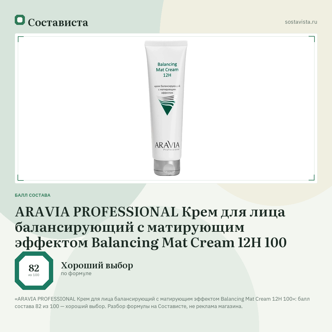 ARAVIA PROFESSIONAL Крем для лица балансирующий с матирующим эффектом Balancing Mat Cream 12H 100: балл состава 82 из 100 — Состависта